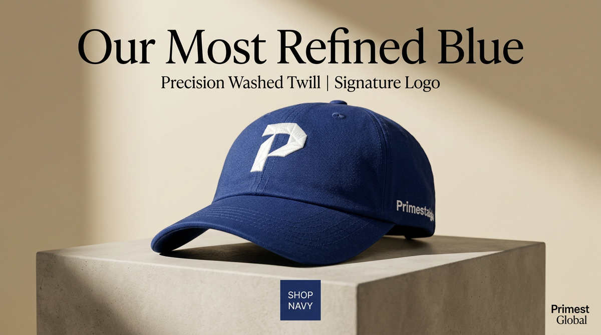 A navy blue baseball cap with a white 'P' logo on the front and 'Primestar' embroidered on the side, displayed on a concrete pedestal with promotional text above.