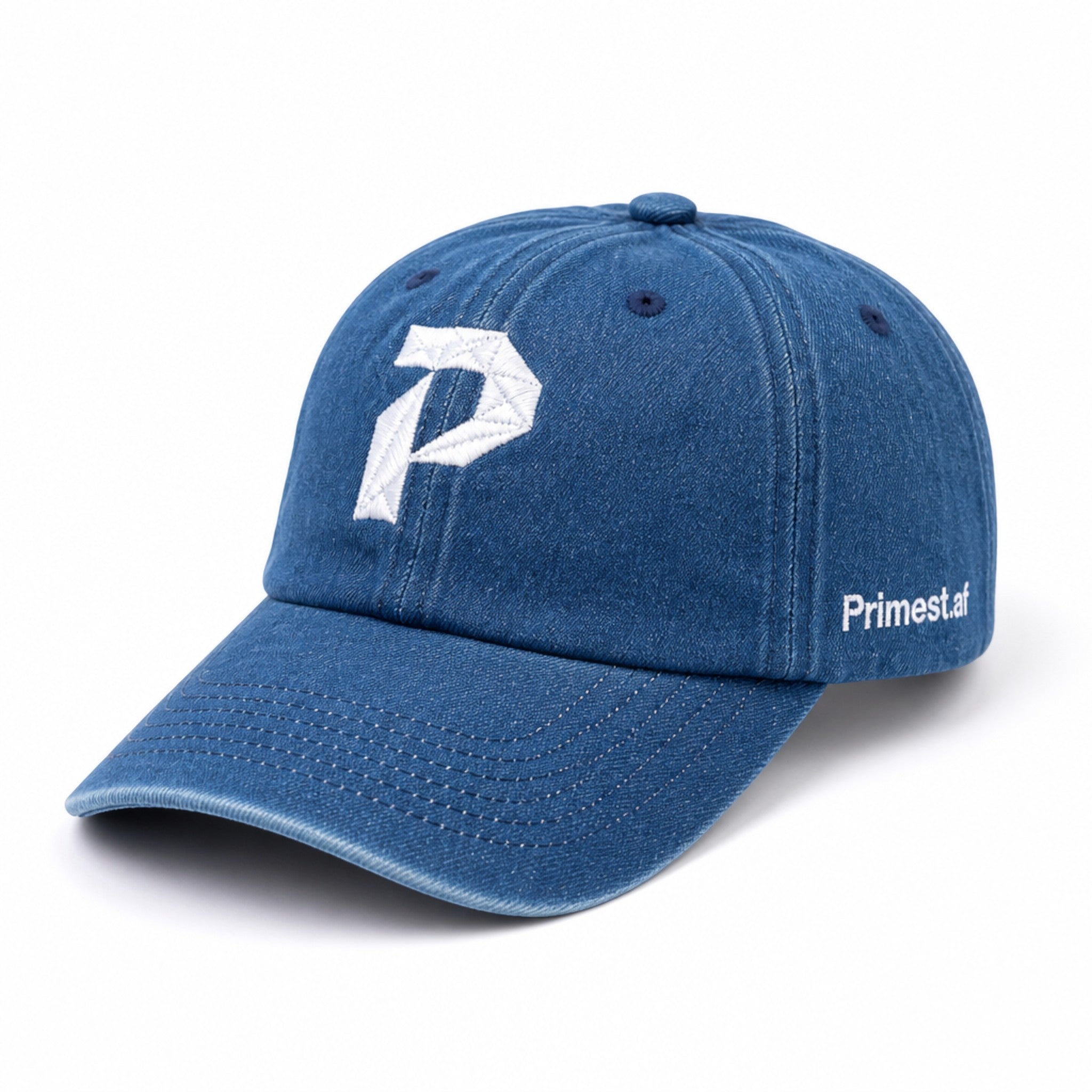 Primest Global Vintage Washed Denim Baseball Cap with Embroidered 'P' Logo – Unisex Adjustable Dad Hat