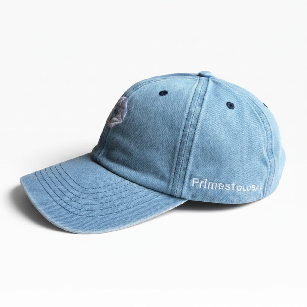 Primest Global Vintage Washed Denim Baseball Cap with Embroidered 'P' Logo – Unisex Adjustable Dad Hat