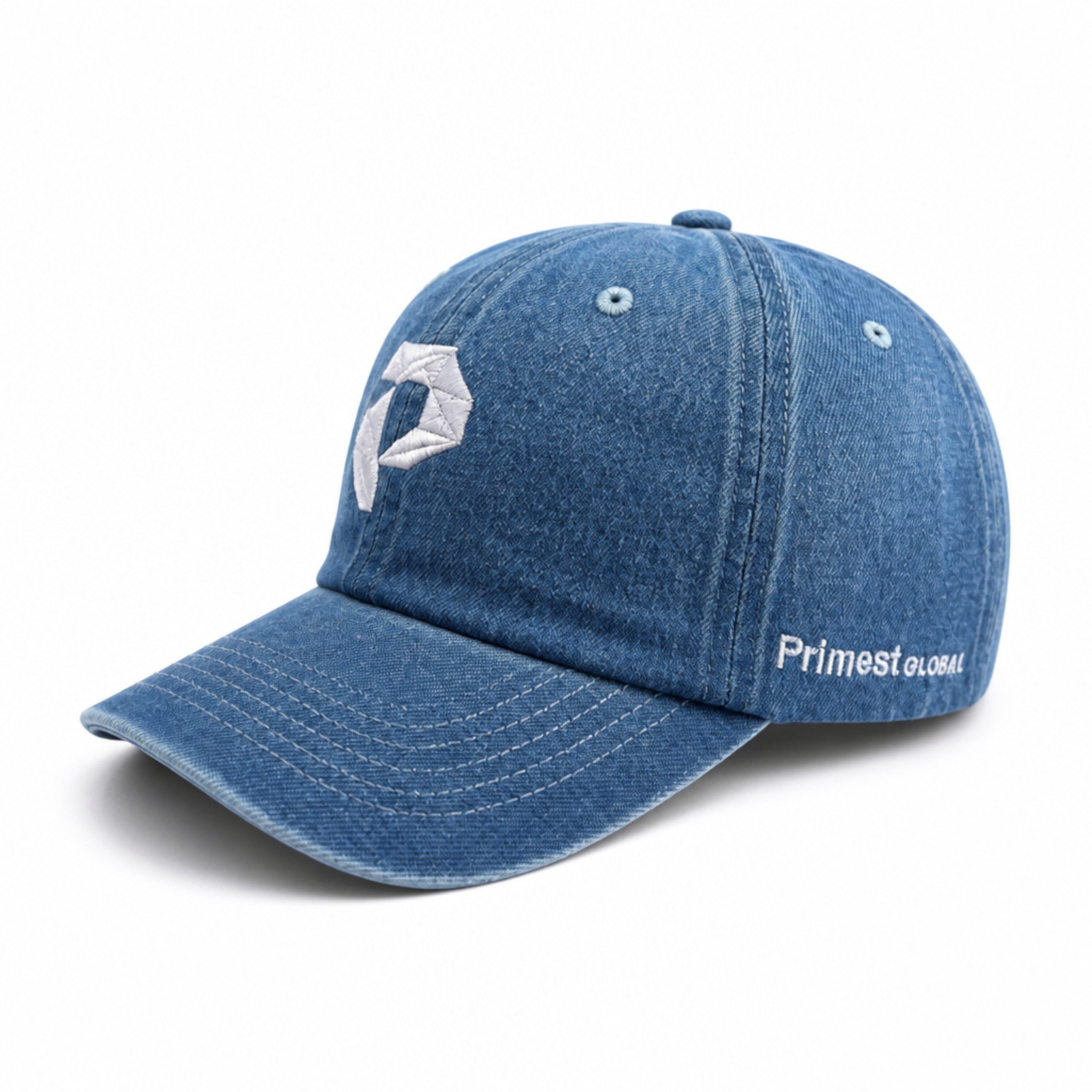 Primest Global Vintage Washed Denim Baseball Cap with Embroidered 'P' Logo – Unisex Adjustable Dad Hat