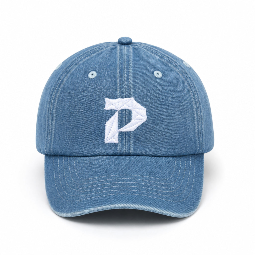 Primest Global Vintage Washed Denim Baseball Cap with Embroidered 'P' Logo – Unisex Adjustable Dad Hat